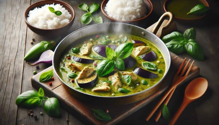 A steaming pot of Thai green curry with chicken, eggplant, and basil, served with jasmine rice.