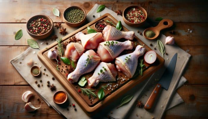 Fresh chicken drumsticks and wings on a butcher's block with herbs and spices, ready for frying.