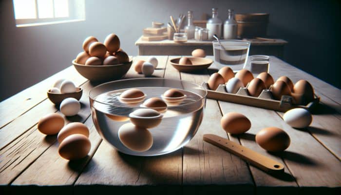 How to Boil Eggs Without Cracking Them: A bowl of water on a rustic table with fresh eggs sinking flat and older eggs floating or standing upright.