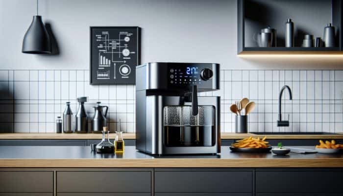 A modern deep fryer with oil filtration, splatter shield, non-stick surface, and precise temperature controls.