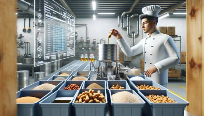 A chef filtering peanut oil post-deep frying, using advanced oil management system, with labeled recycling containers.