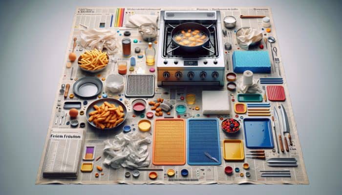 A kitchen scene with deep frying setup using protective coverings like newspaper, silicone mats, old towels, and baking sheets to catch oil splatters, ensuring a clean workspace.