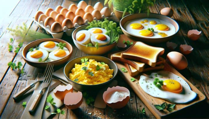 Best Easy Recipes for First-Time Cooks: Colorful breakfast scene with scrambled, fried, and boiled eggs on a rustic table with herbs and toast.