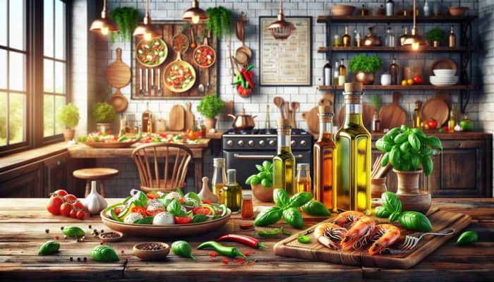 How to Make Infused Oils for Gourmet Dishes: Bottles of basil and chili infused oils drizzled over Caprese salad and grilled prawns on a rustic table.