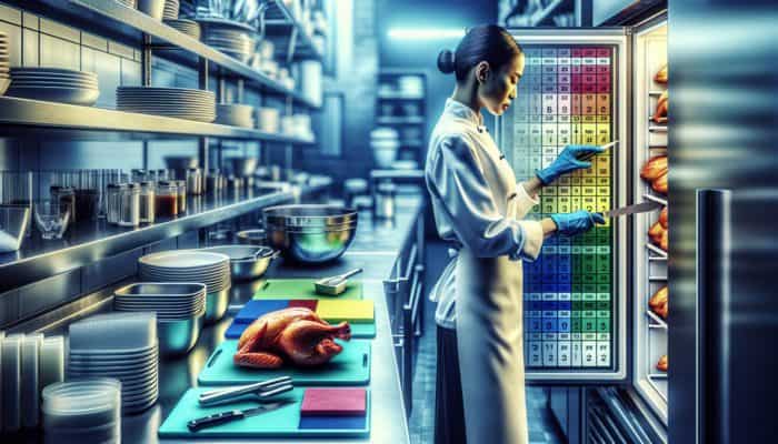 A chef in a high-end kitchen using color-coded boards and cleaning utensils, with chicken marinating in a refrigerator.