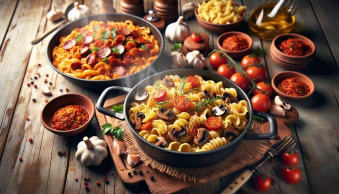 Creamy mushroom and spicy chorizo pasta dishes on a rustic table, steaming and vibrant.