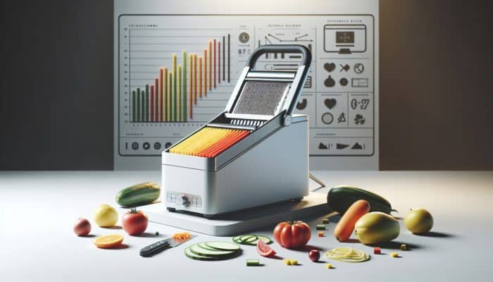 How to Use a Mandoline Slicer Safely: A modern mandoline slicer with adjustable blades, slicing vegetables and fruits into uniform slices and sticks.