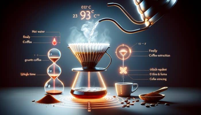 Steaming pour-over coffee setup with water at 93°C pouring over finely ground coffee, timed at 3.5 minutes.