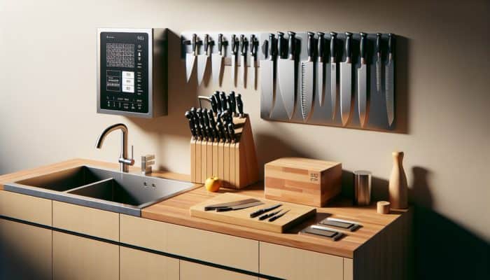 A kitchen with a wooden knife block, magnetic strip, and sheathed knives in a dry, well-lit setting.