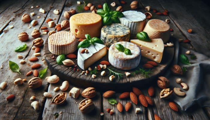 How to Make Vegan Cheese Alternatives: Vegan cheeses from soy, almond, cashew milk on rustic table with herbs and nuts.
