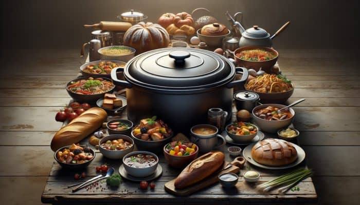 Why a Dutch Oven Belongs in Every Kitchen: Dutch oven on table with French stew, Asian stir-fry, bread, and dessert, illustrating its culinary versatility.