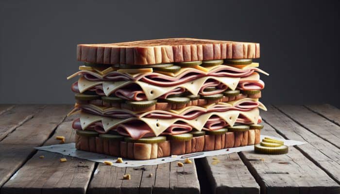 Best Cuban Sandwich Recipes At Home: A pressed Cuban sandwich with ham, pork, Swiss cheese, pickles, and mustard on a wooden table.