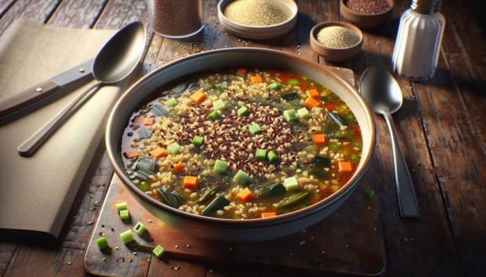 A steaming bowl of hearty soup with brown rice, quinoa, and vegetables on a rustic table.