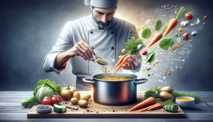 A chef adding ingredients to soup in a kitchen, starting with carrots and potatoes, then greens and grains.