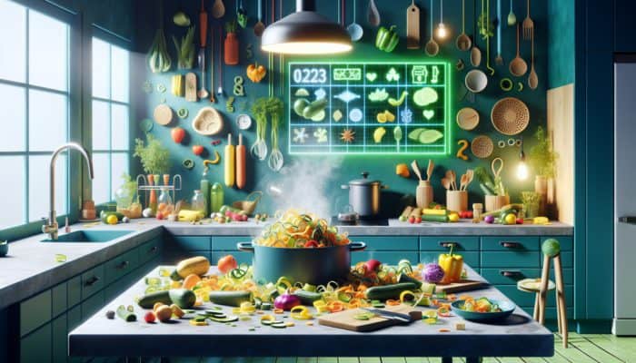 Top Upcycled Food Recipes For Scraps: A colorful kitchen scene showing vegetable peels transformed into nutritious stock, highlighting eco-friendly upcycling.