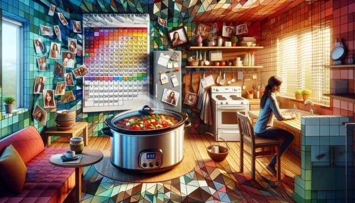 Best Slow Cooker Recipes for Busy Days: A busy person's cozy kitchen with a steaming slow cooker filled with flavorful stew, surrounded by family photos and a packed schedule.