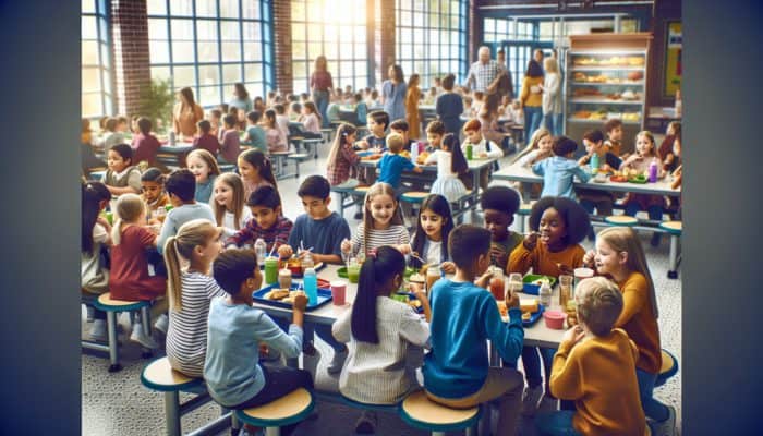 How to Make Nut-Free School Lunches: Diverse schoolchildren enjoying a safe, nut-free lunch in a vibrant cafeteria, promoting inclusion and empathy.