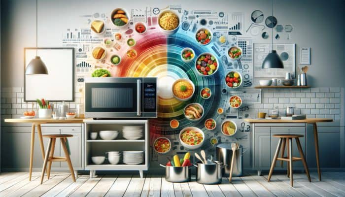 How to Use a Microwave for Real Meals: A modern kitchen with a microwave surrounded by various freshly cooked meals, highlighting its versatility and speed.