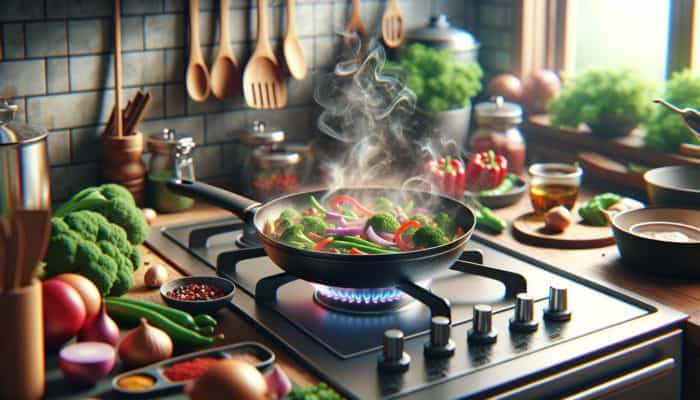 A sizzling skillet on a stove cooking a colorful, nutritious meal, with minimal utensils and ingredients around, symbolizing efficiency and versatility.