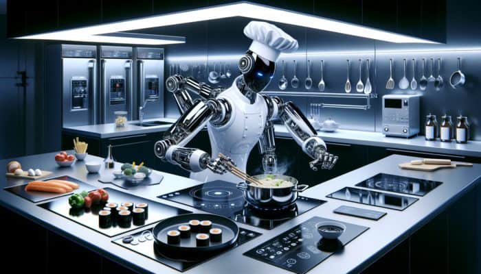 How to Make Meals with Robotic Chefs: A futuristic robotic chef in a modern kitchen measures ingredients, times recipes, and prepares dishes like pasta and sushi.