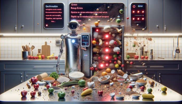 A futuristic robotic chef in a modern kitchen malfunctions, with ingredients spilling and error lights flashing on the control panel.