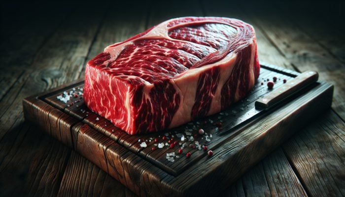 A close-up of a premium beef steak on a wooden board, showing intricate marbling, vibrant red color, and fresh appeal under natural light.