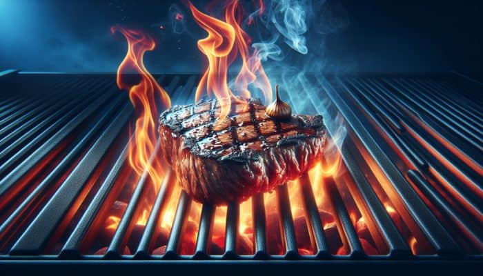A sizzling steak with caramelized sear on a hot grill, flames licking edges, smoke rising from glowing red-hot grates.
