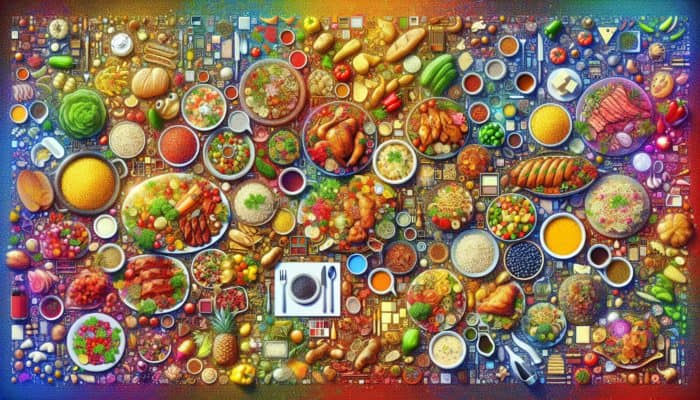 Best Recipes for Feeding a Crowd: A vibrant buffet table with steaming rice, hearty pasta, grilled meats, colorful vegetables, herbs, spices, sauces, and melted cheeses.