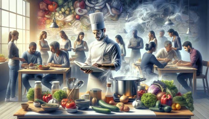 Chef in bustling kitchen reviews recipes amid fresh produce, steaming pots, and chatting crowd for large gathering.