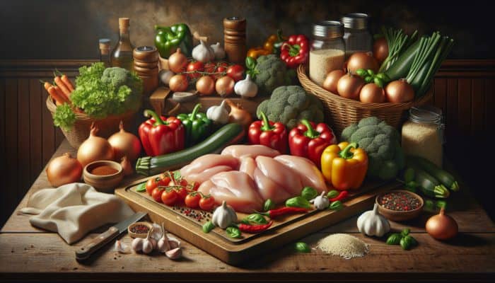 How to Cook a Fast Chicken Dinner: Fresh boneless chicken, colorful vegetables, herbs, and spices arranged on a wooden board in a warm kitchen setting.