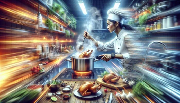 A chef swiftly prepares chicken in a high-tech pressure cooker, with steam rising amid herbs, spices, and gleaming utensils in a bustling kitchen.