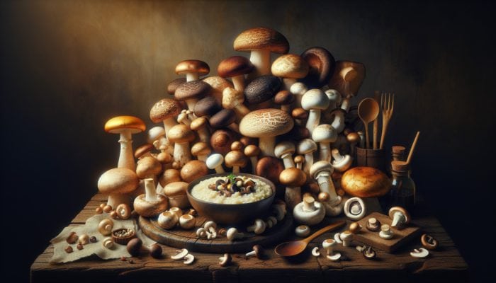 Fresh shiitake, cremini, portobello, and button mushrooms on a rustic board with steaming creamy risotto in golden light.