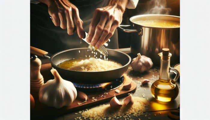 A chef sautés chopped onions and garlic in a hot olive oil pan, with Arborio rice and steaming broth nearby, under golden kitchen lighting.