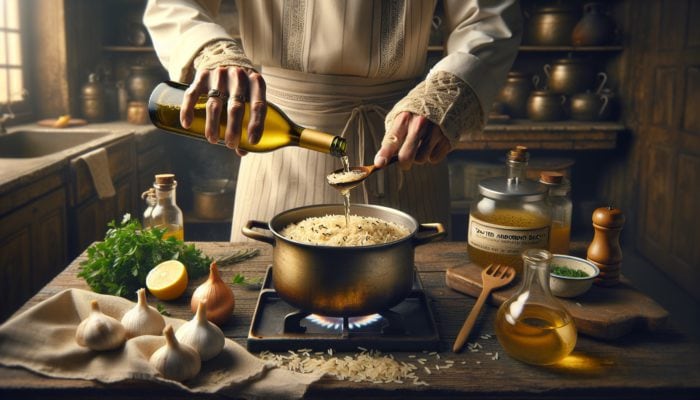 Close-up of chef's hands pouring Sauvignon Blanc into steaming rice pot, stirring with herbs and lemon in rustic kitchen.