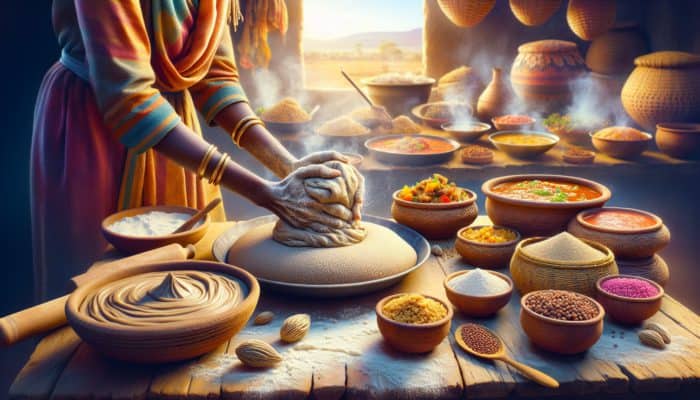 A woman kneading teff flour dough in an Ethiopian kitchen, with bubbling batter, alternative flours, and steaming stews in clay pots.