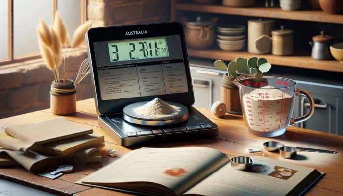A digital scale displays 120 grams of teff flour beside a filled glass measuring cup, surrounded by recipe books and conversion charts in a lit kitchen.