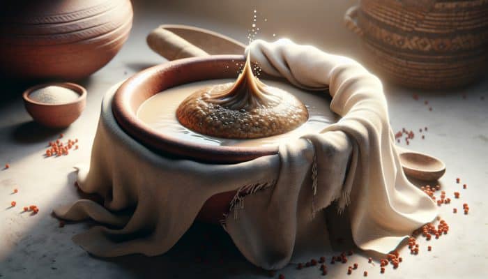 A traditional Ethiopian kitchen scene: clay bowl of teff batter fermenting under cloth, wrapped in blanket with rising bubbles.