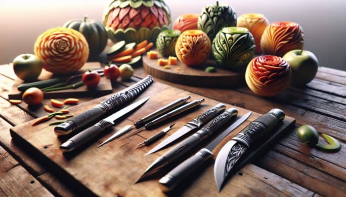 Sharp paring and utility knives with ergonomic handles on a wooden table, surrounded by intricately carved fruits and vegetables under soft lighting.