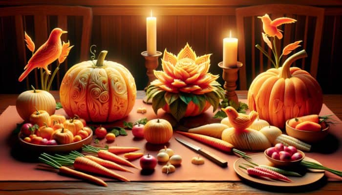 A dining table with intricately carved vegetables: pumpkin as elegant flower, carrots as graceful birds, radishes as delicate butterflies under warm lighting.