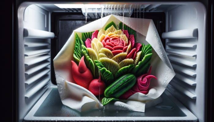 A vibrant vegetable carving, like a radish flower, stored in a refrigerator, wrapped in damp paper towels with water mist.