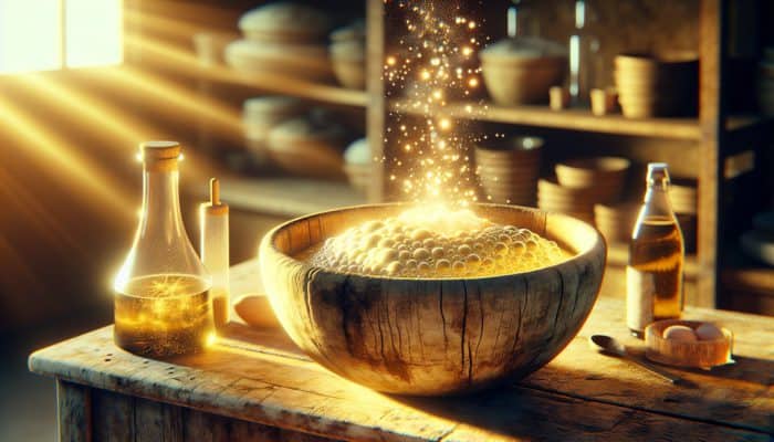 Rustic wooden bowl of bubbling sourdough dough with glowing yeasts in a sunlit kitchen, yielding a golden, airy loaf.
