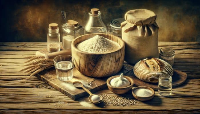A rustic wooden table with golden stoneground flour, fresh water, coarse salt, and a bubbling sourdough starter.