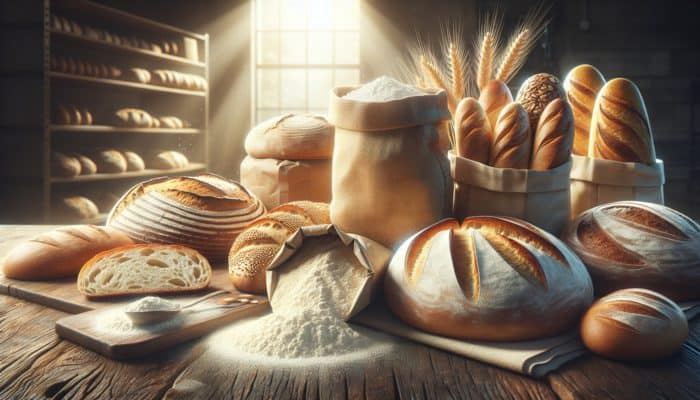 Sunlit bakery table with open bags of all-purpose, bread, and whole wheat flour, surrounded by fresh sourdough loaves with golden crusts and airy crumbs.