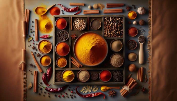 How to Make a Spicy Indian Vindaloo: Still life of essential Vindaloo spices: golden turmeric, red chillies, cumin seeds, coriander, black peppercorns, and cinnamon on a rustic tray.