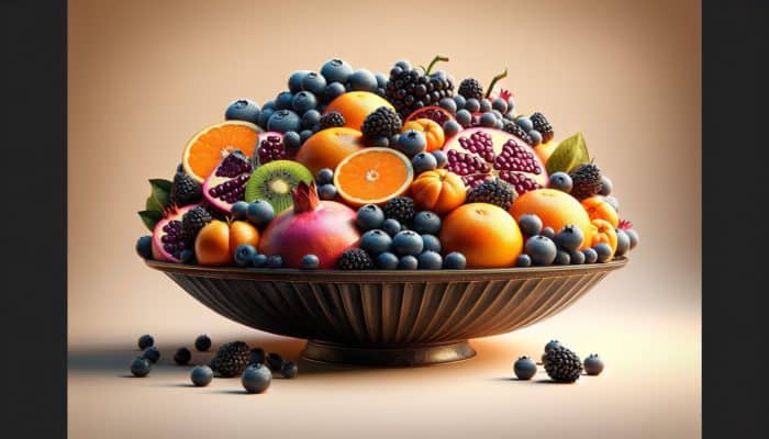 Best Anti-Oxidant Rich Dessert Recipes: Vibrant still-life of antioxidant-rich fruits: ripe blueberries, blackberries, pomegranates, kiwifruit, and oranges in an elegant bowl with dew and golden light.
