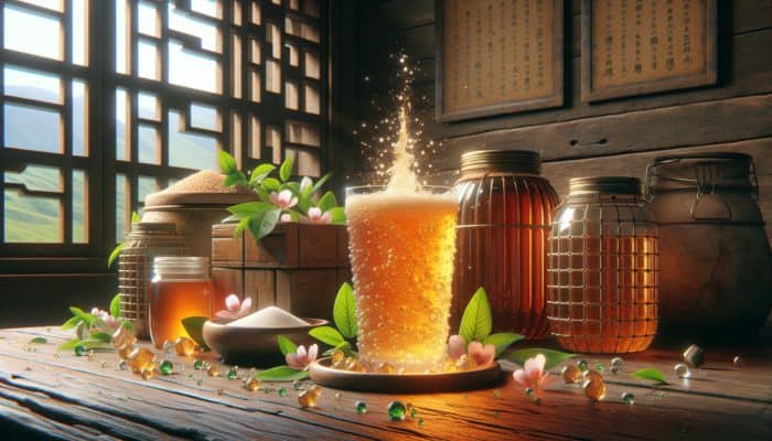 How to Make Homemade Kombucha Safely: Vibrant glass of bubbling kombucha tea on a rustic table in ancient China, surrounded by fresh tea leaves, sugar crystals, and fermentation jars.