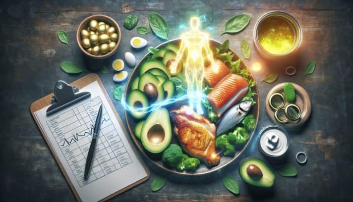 A vibrant plate of keto foods: seared chicken, canned fish, avocados, and greens on a rustic table, with a glowing figure symbolizing energy and weight loss.