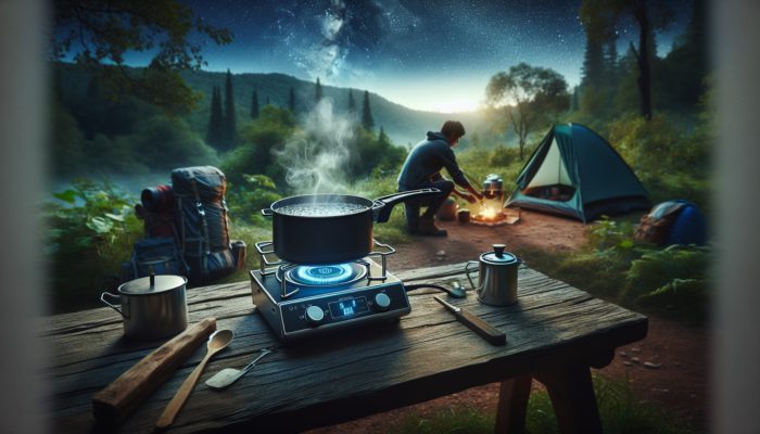Best Portable Induction Burners for Travel: A lightweight portable induction burner boils water on a rustic campsite table under starry skies, with traveler and backpacks nearby.