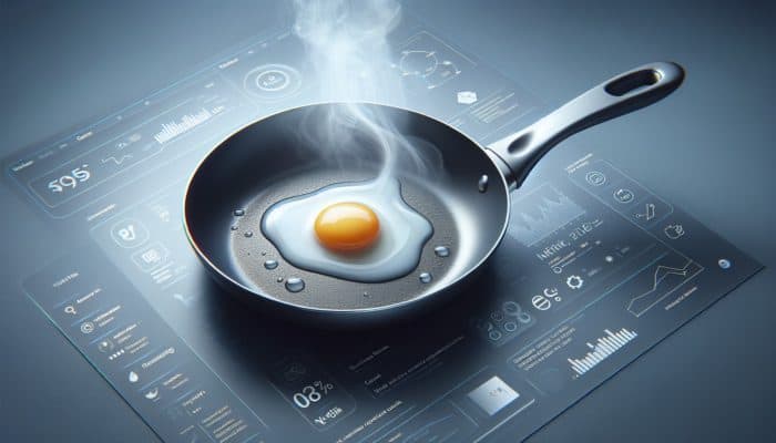 How to Maintain Your Non-Stick Pans: A sleek frying pan with glossy non-stick coating, an egg frying evenly without sticking, steam rising gently.