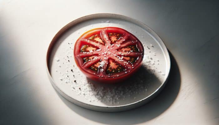 A vibrant slice of heirloom tomato sprinkled with sea salt, centered on a white plate, evoking minimalist simplicity and rich textures.